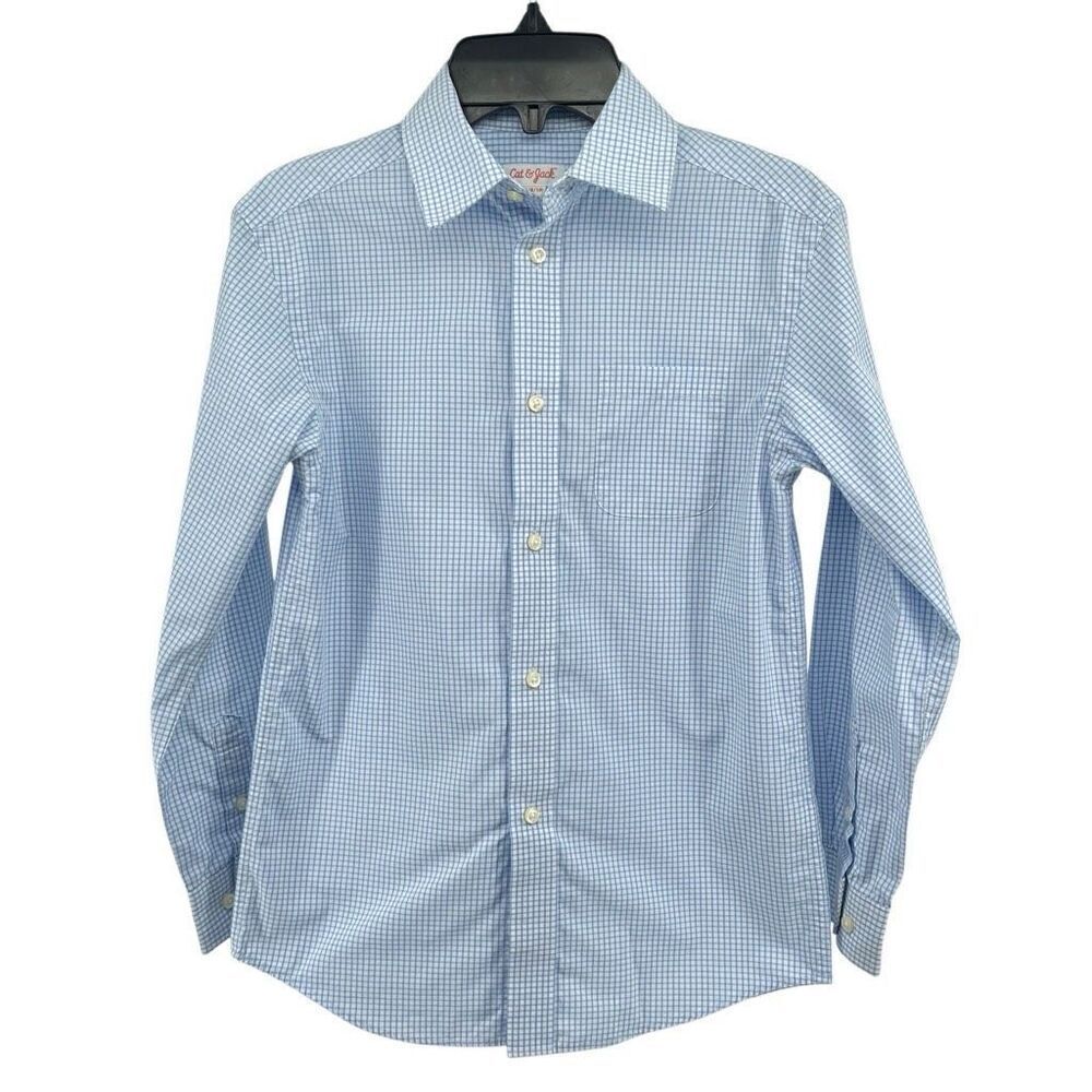 Cat & Jack Boys Blue White Checkered Long Sleeve Button Down Shirt Medium 8/10